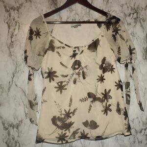 LOFT Floral Short Sleeve Top XSmall Ivory & Black